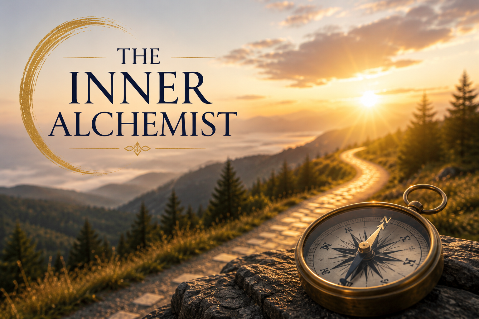 The Inner Alchemist title over a sunrise mountain path with a compass in the foreground