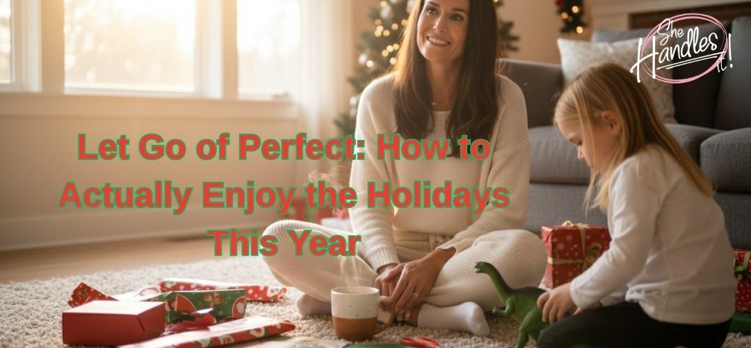 A mother in cozy holiday attire sits on the floor laughing with her children amid opened presents an