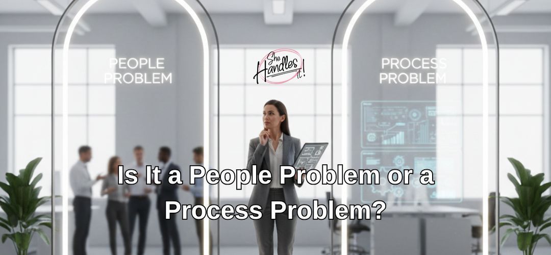 Businesswoman at desk reviewing team structure chart, symbolizing confusion between people problems 