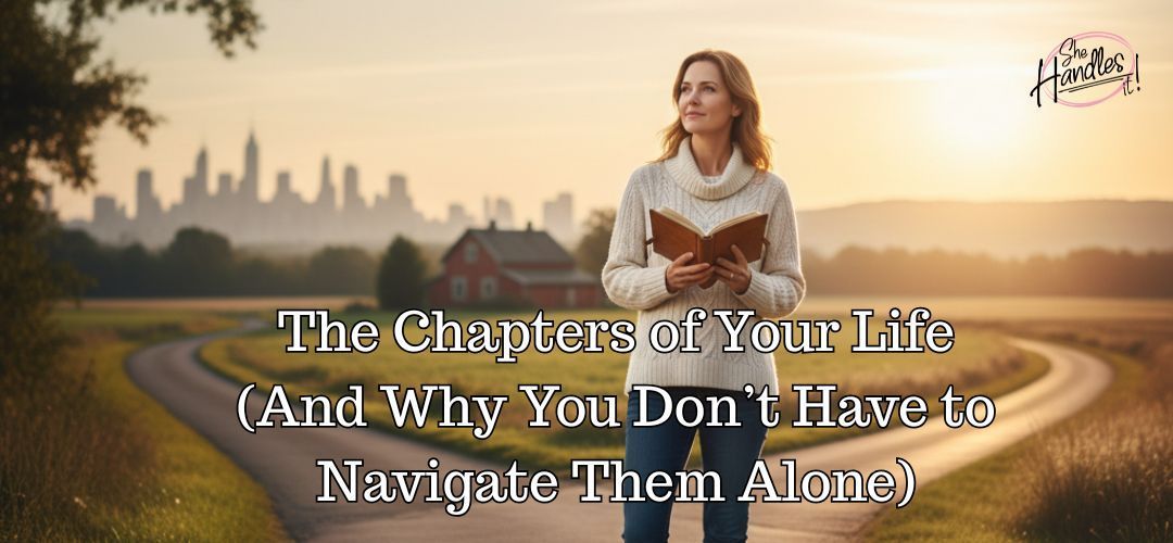 Woman with a book standing on a winding path. Text overlay: