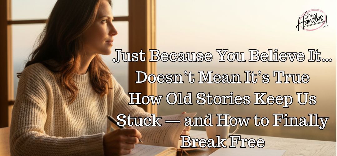 Woman looking out window, writing. Text: