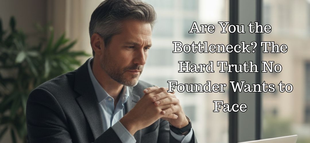 Man in suit, deep in thought, looking at a laptop with text