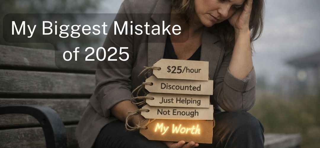 Woman with head in hands, holding tags: