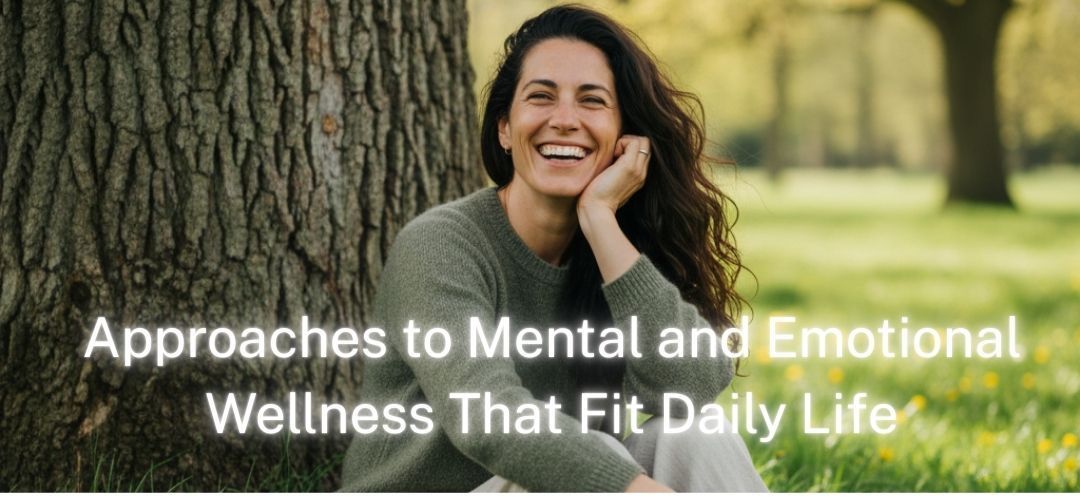 Woman smiles outdoors, leaning against a tree. Text overlay: 