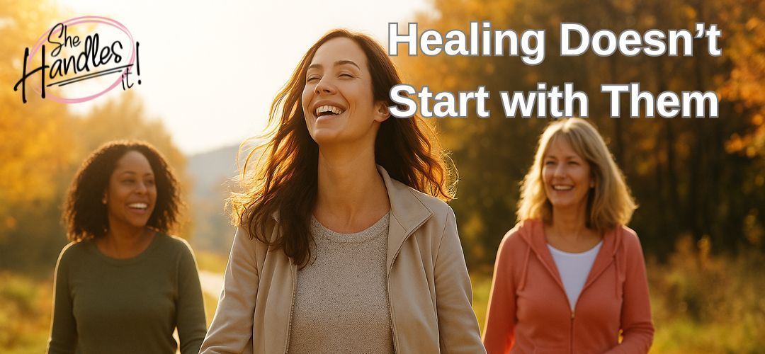 Women walking on a sunny fall day, smiling and talking, symbolizing freedom, healing, and lightness 