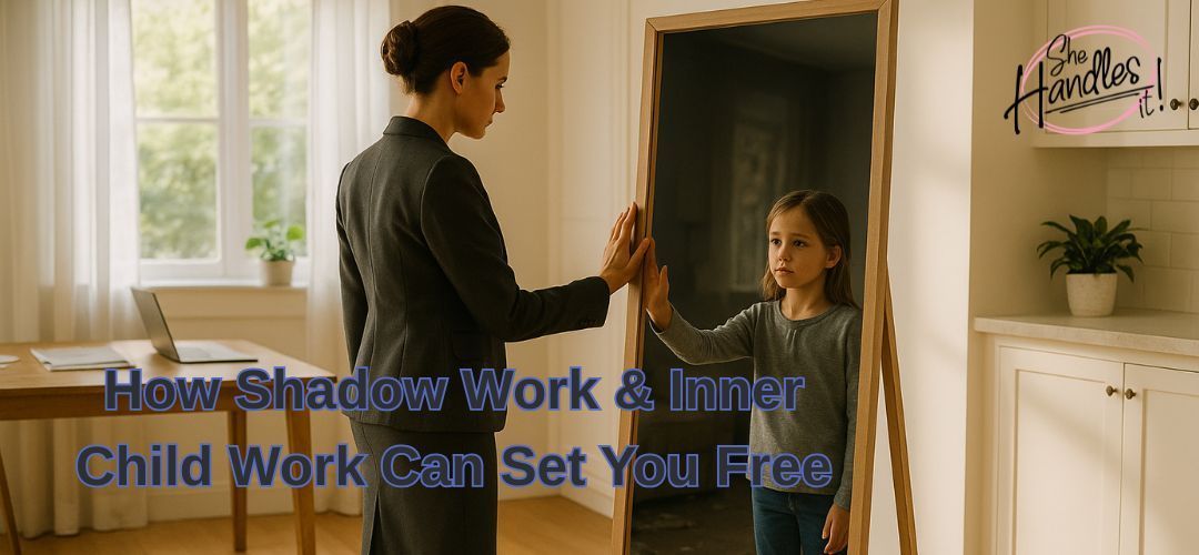 Professional woman sees her younger self in a mirror, symbolizing inner child healing and personal t