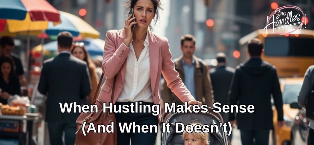 Exhausted working mother in office attire pushing a stroller, juggling a laptop bag and diaper bag 