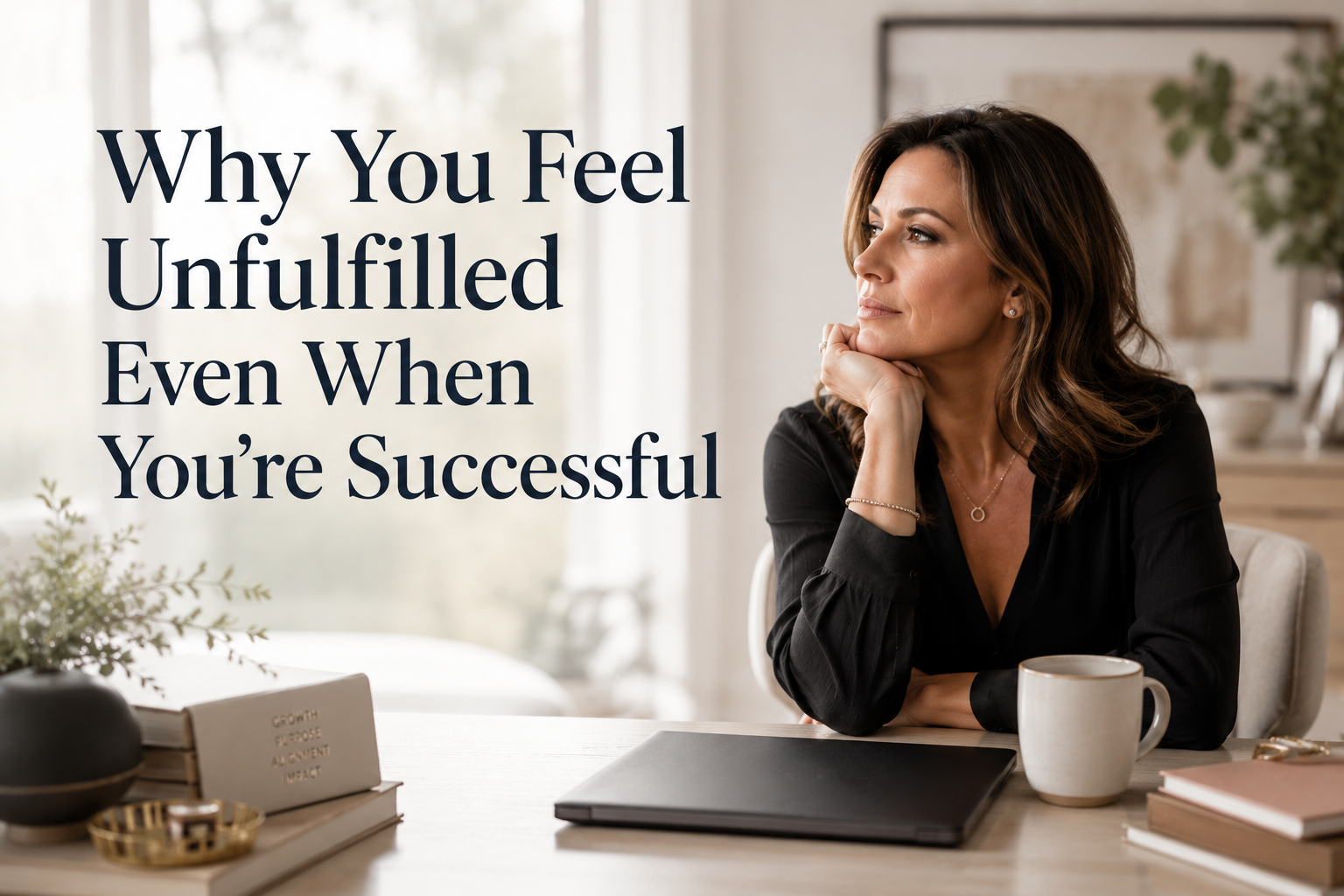 Woman at desk looking thoughtful beside laptop and mug, with text: “Why You Feel Unfulfilled Even When You’re Successful”