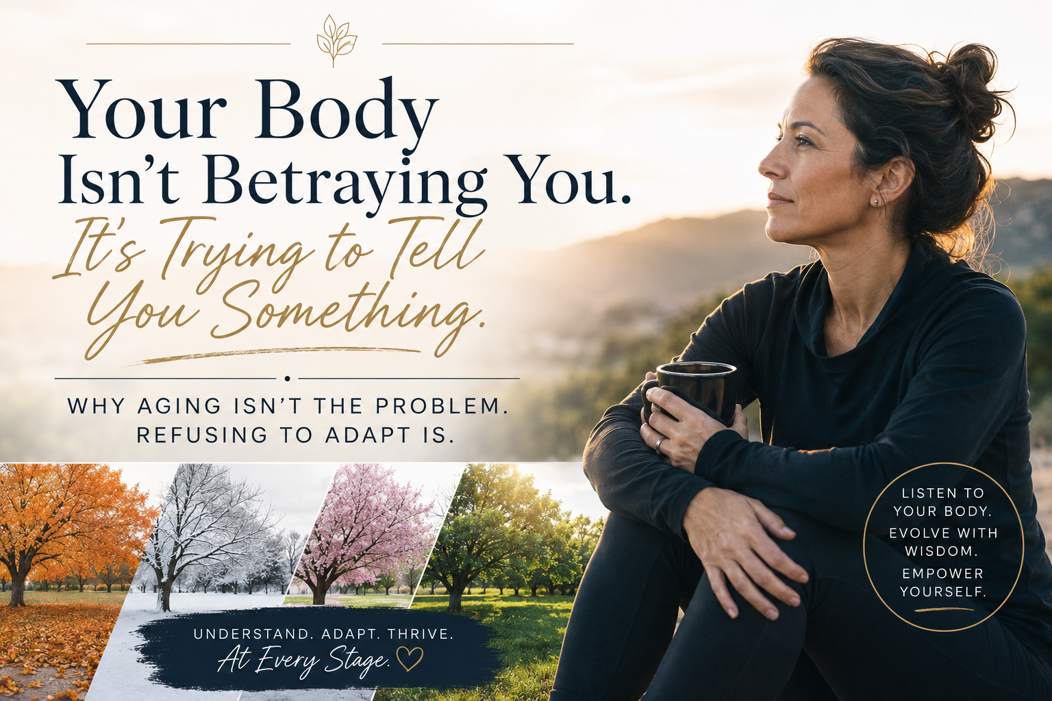 Woman sits outdoors holding a mug beside text reading “Your Body Isn’t Betraying You.”