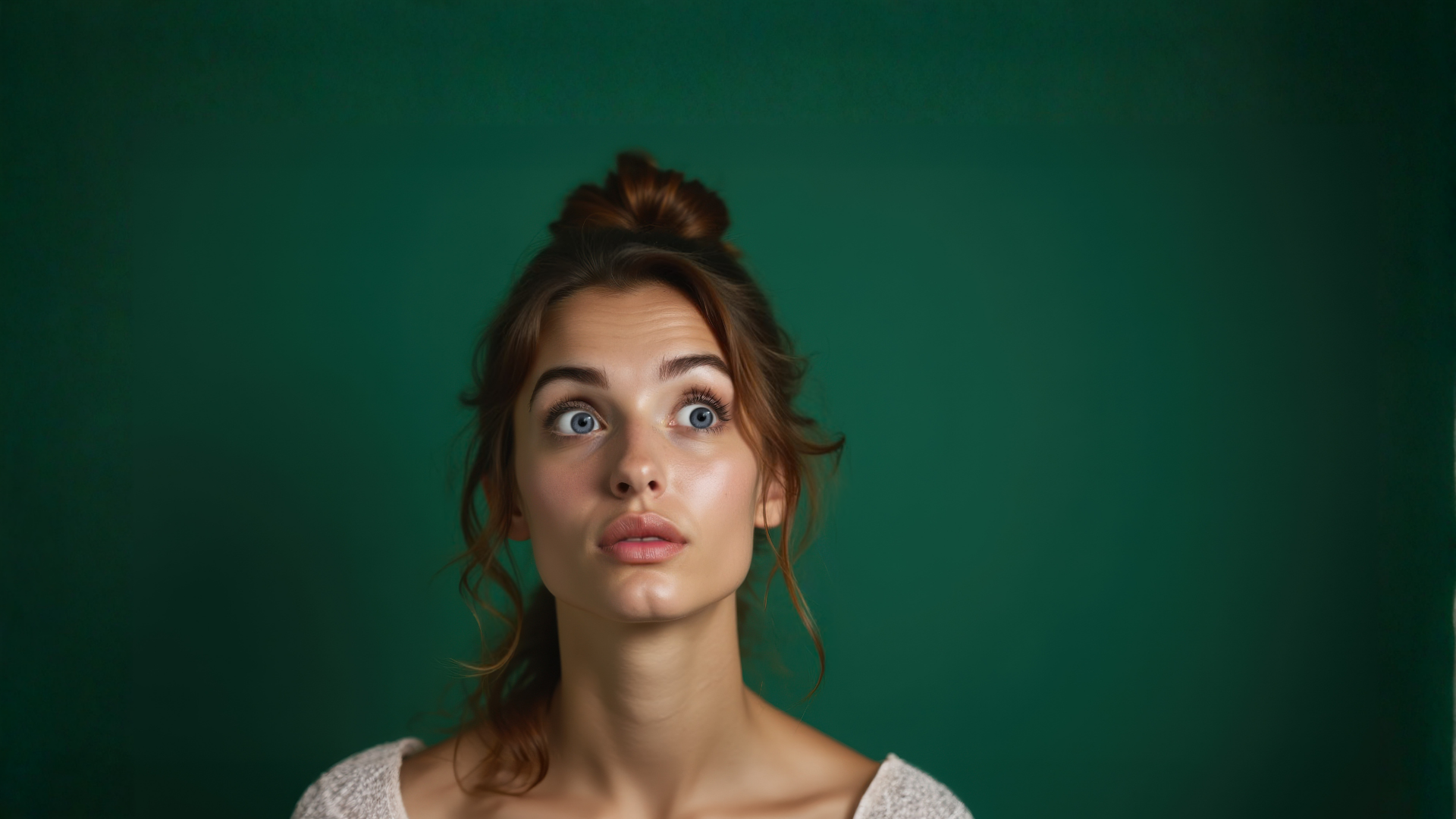Woman with surprised expression looking up against a green background, hair in a bun.