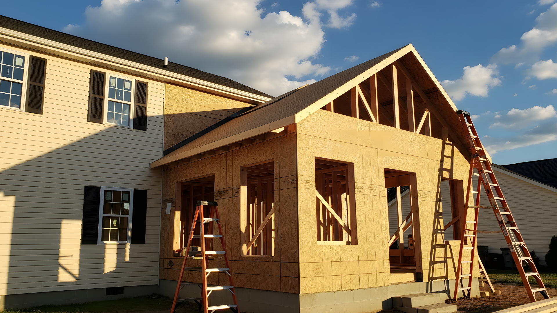 House addition under construction; wood frame with gabled roof, attached to existing house, ladders present.