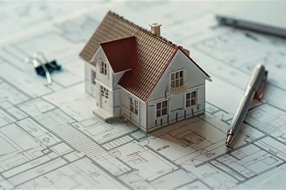 A model house is sitting on top of a blueprint next to a pen.