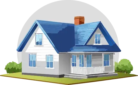 A white house with a blue roof and a chimney