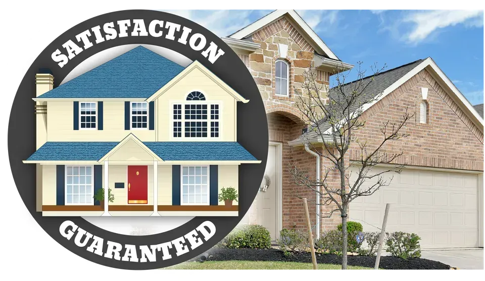 A house with a satisfaction guaranteed logo in front of it
