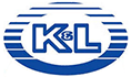 A blue and white logo for a company called kl.
