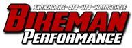 A red and white logo for a company called bikeman performance