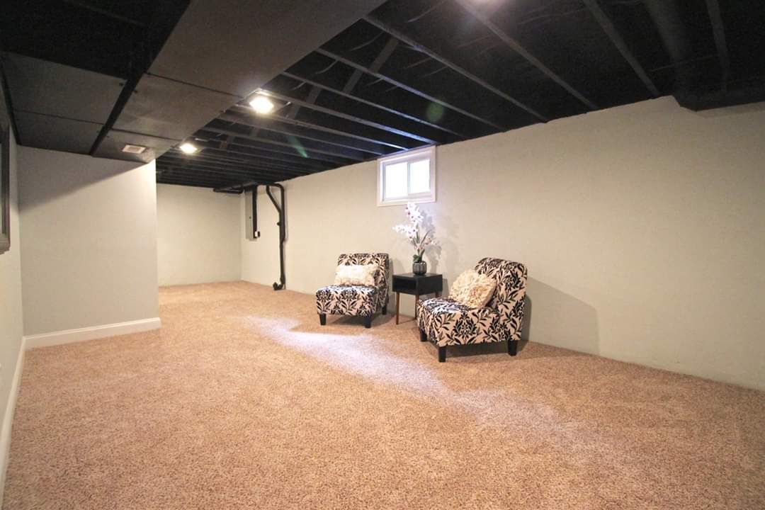 Basement room with black ceiling, two patterned chairs, small table, carpet, and white walls.