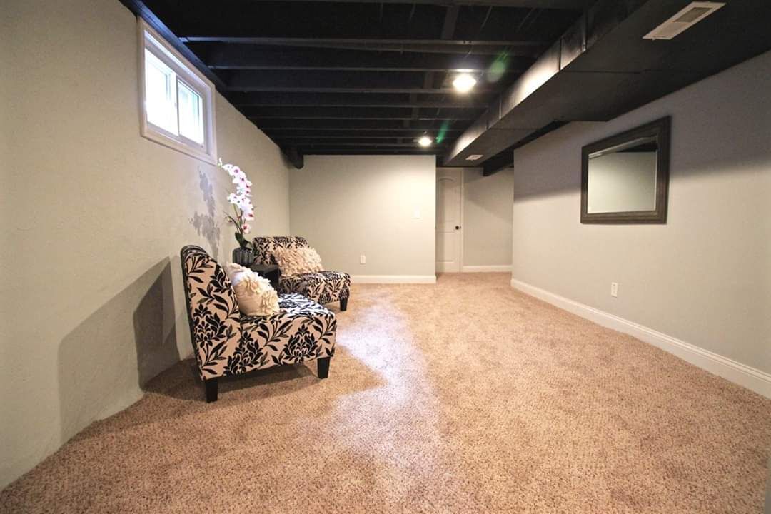 Basement seating area: neutral-colored walls, patterned armchairs, carpet, black ceiling, window, mirror.