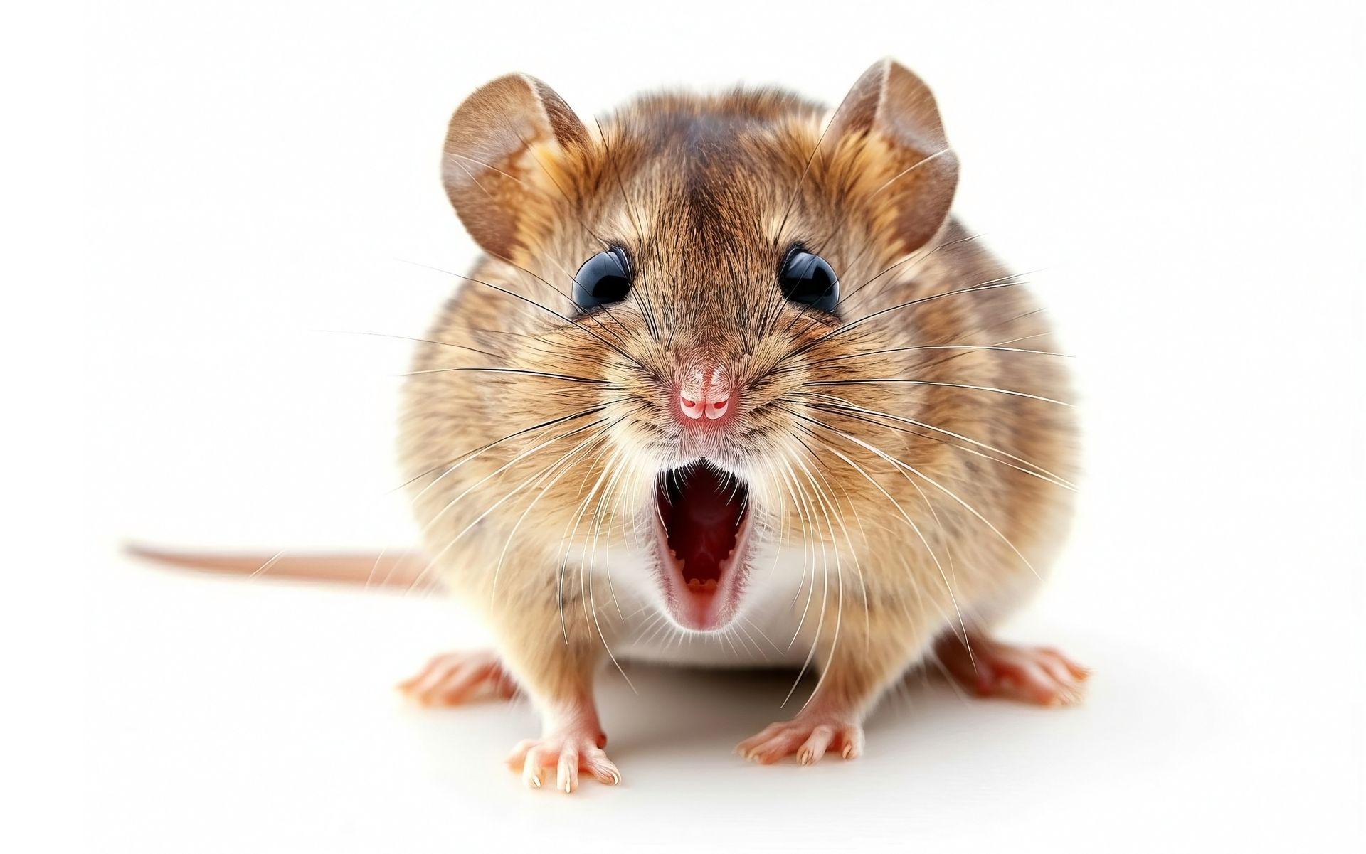 A close up of a mouse with its mouth open on a white background.