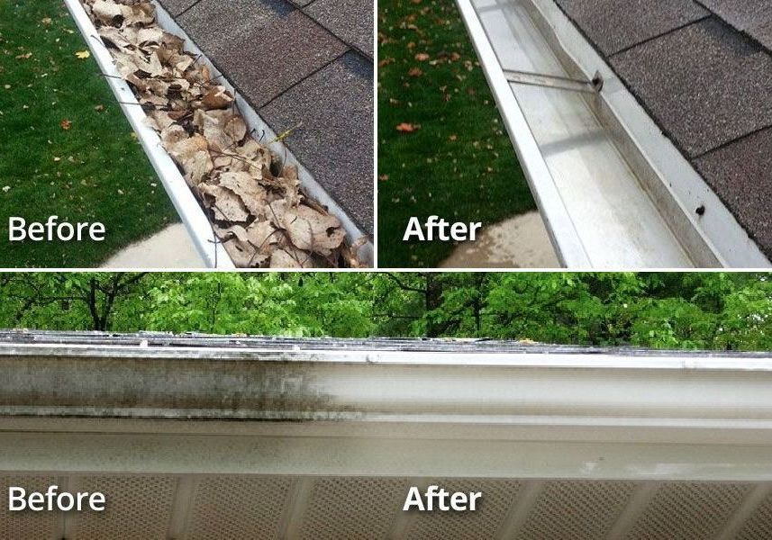 A before and after picture of a gutter being cleaned