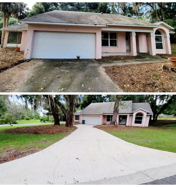 A before and after picture of a house and driveway