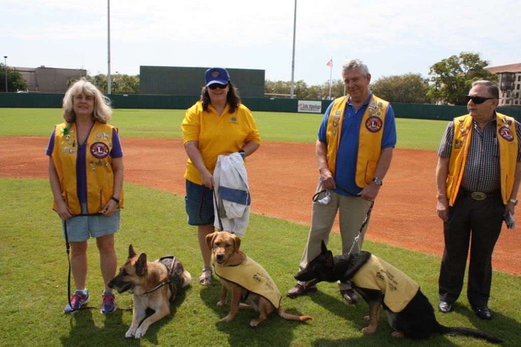A group of people standing on a baseball field with dogs