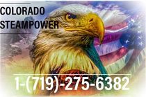 A bald eagle against an American flag background with the text: COLORADO STEAMPOWER and the phone number 1-(719)-275-6382.