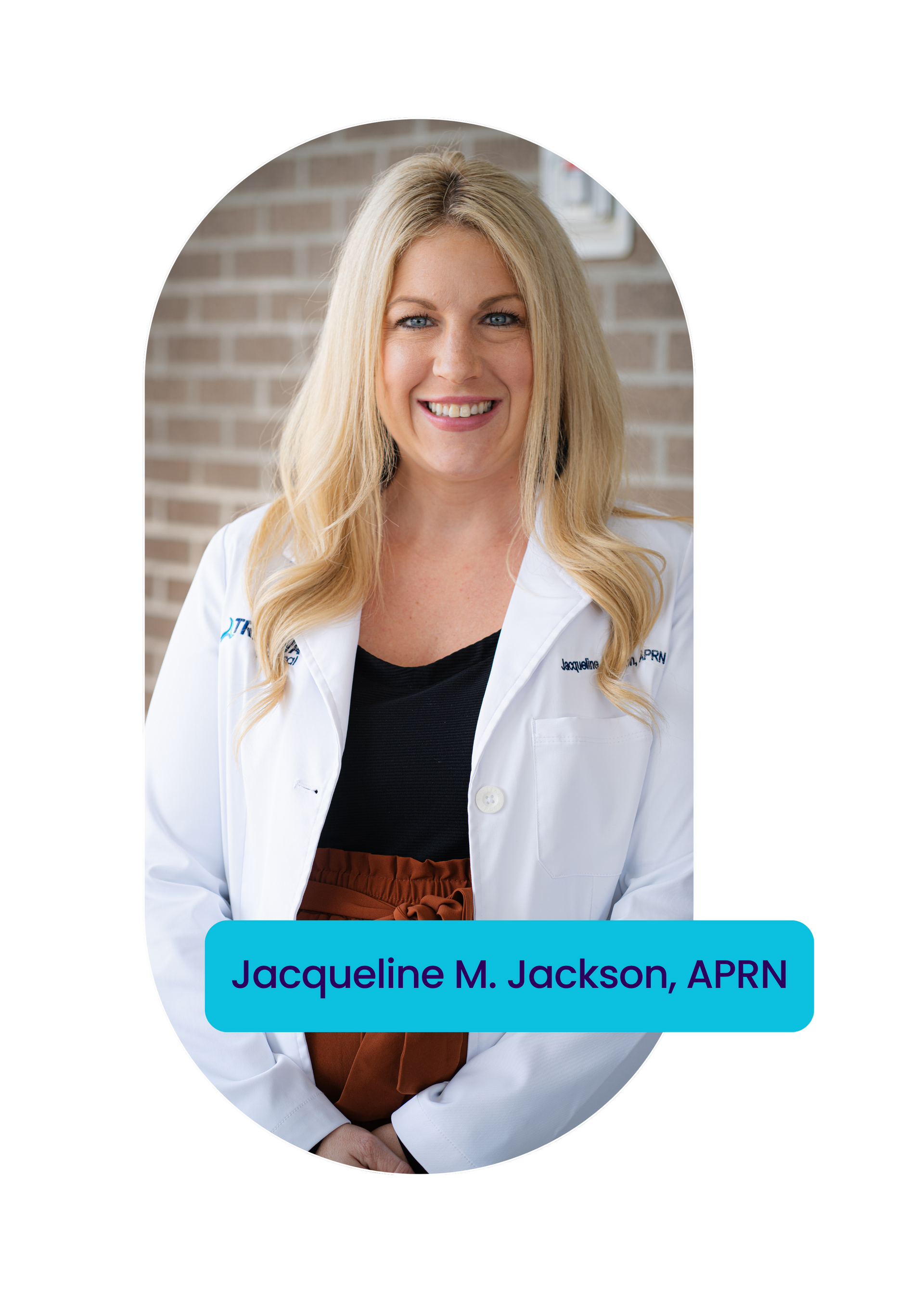 A woman in a white lab coat is standing in a blue circle.