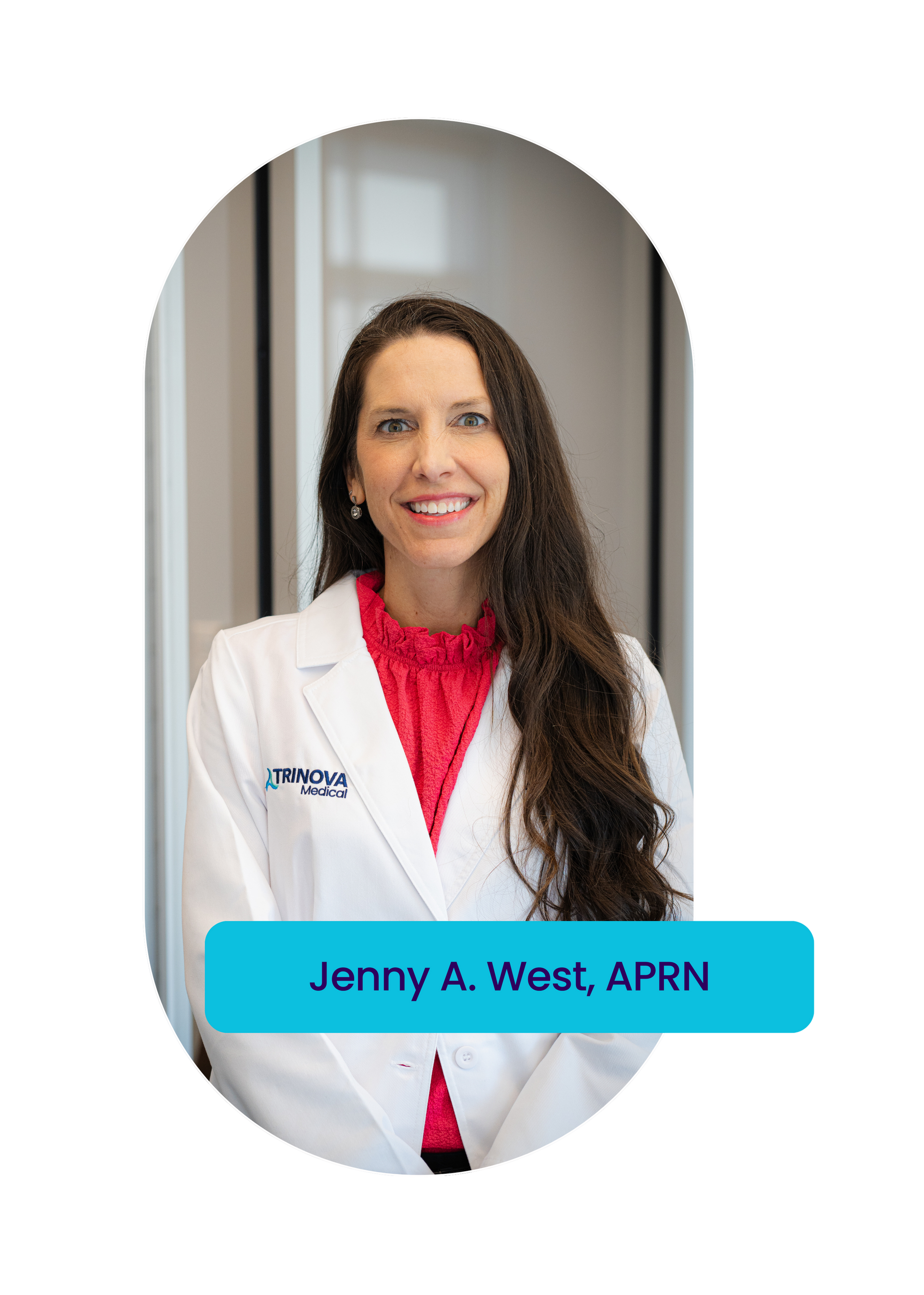 A woman in a white lab coat is smiling in a blue circle.