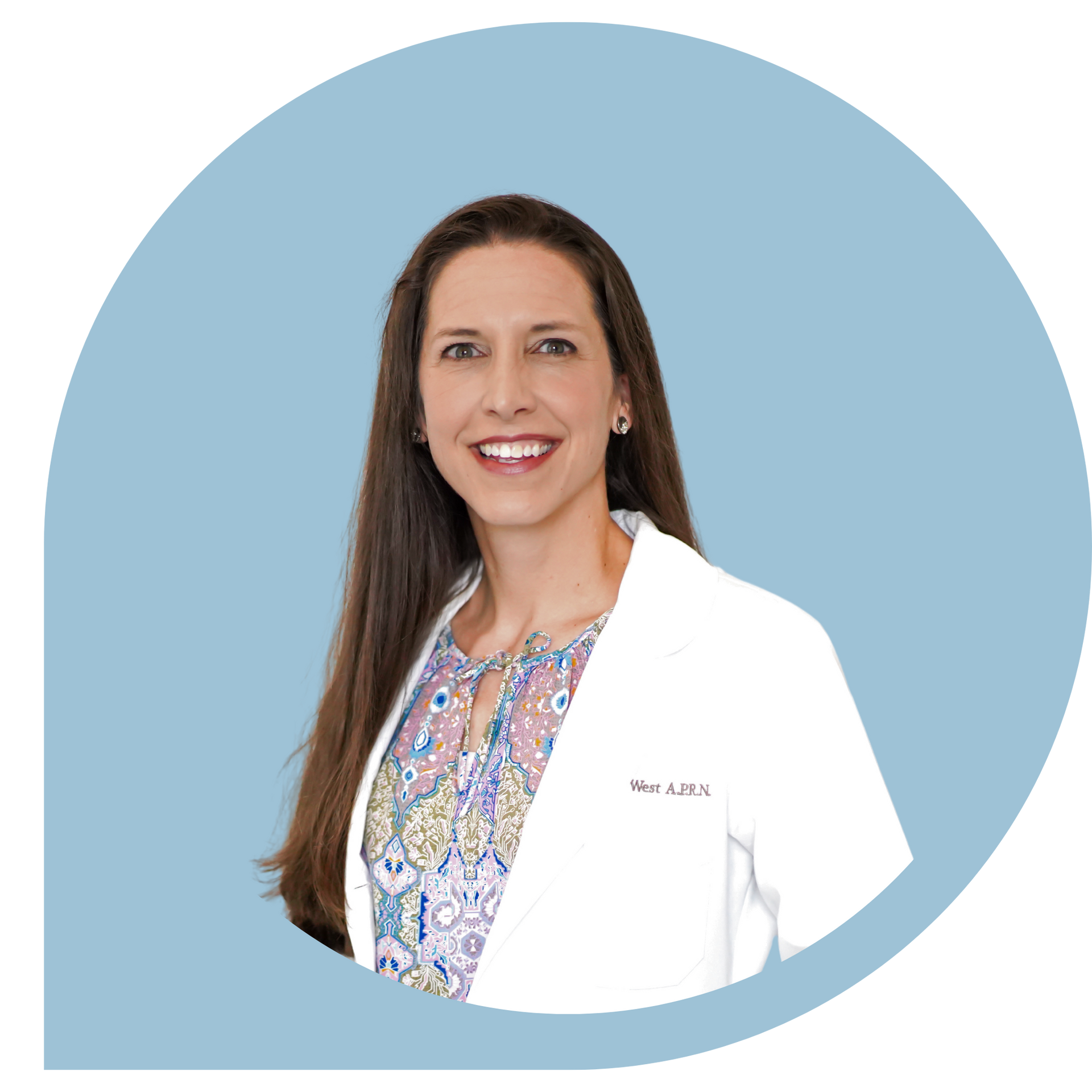 A woman in a white lab coat is smiling in a blue circle.