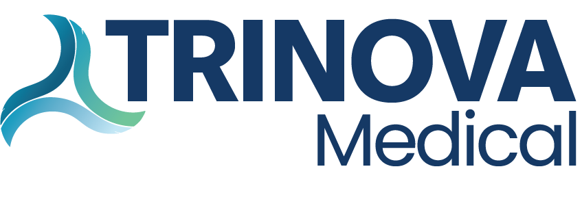 A trinova medical logo with a blue and green wave on a white background.