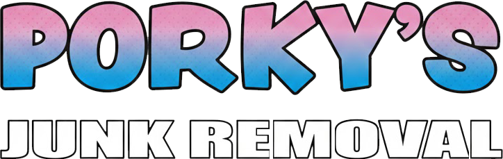 Logo for Porky's Junk Removal, with pink to blue gradient letters, and white outline on black text.