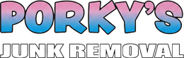 Logo for Porky's Junk Removal, with pink to blue gradient letters, and white outline on black text.