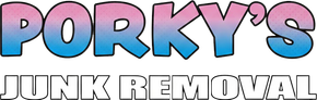 Logo for Porky's Junk Removal, with pink to blue gradient letters, and white outline on black text.