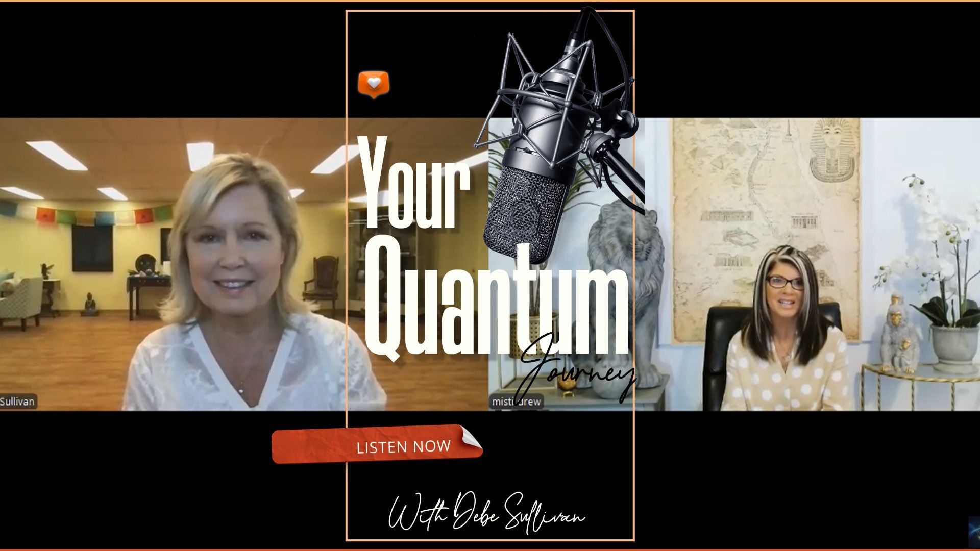 Three people on a video call: two women and a microphone. The words