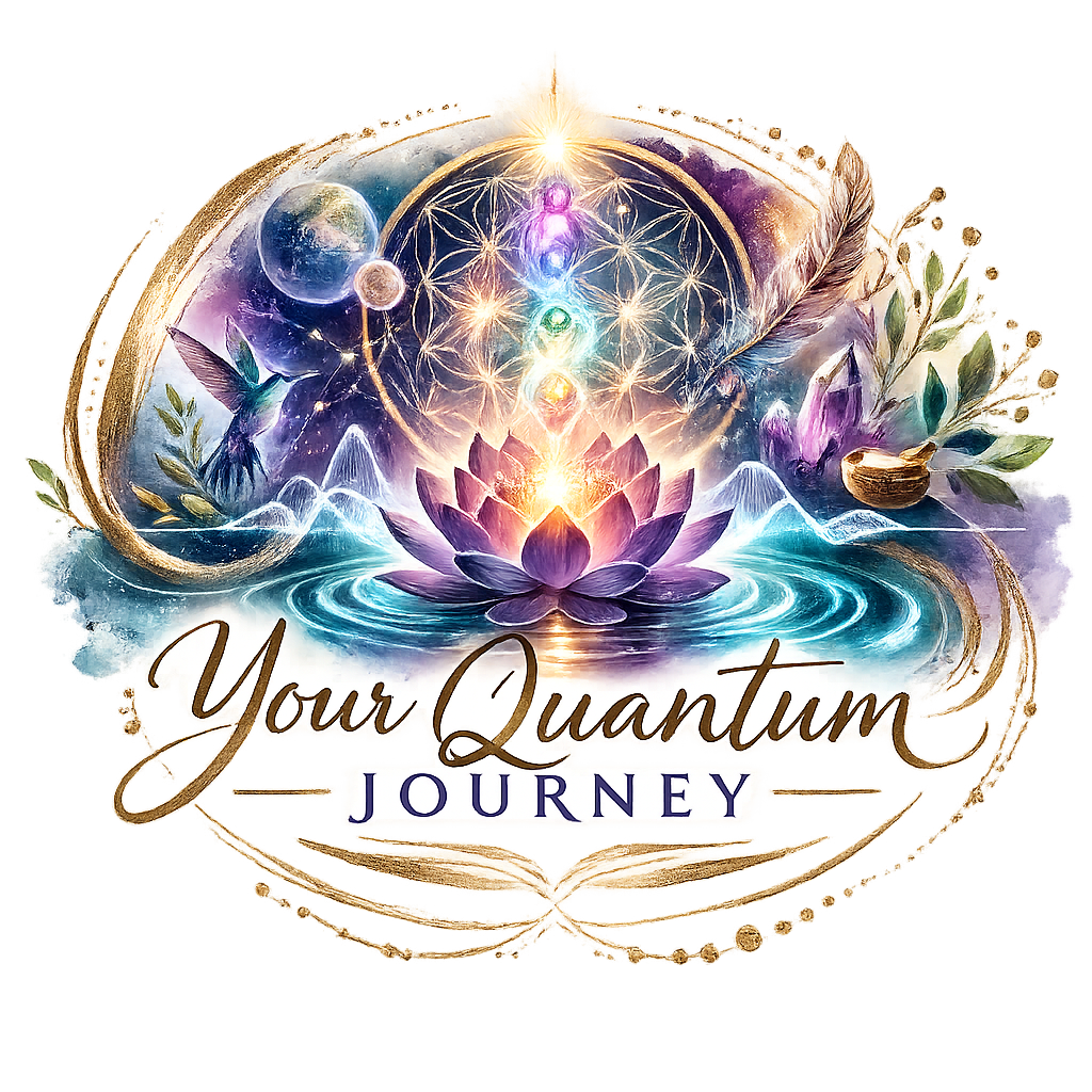 A logo for "Your Quantum Journey" featuring a lotus flower, a cosmic background, a hummingbird, and chakra symbols.