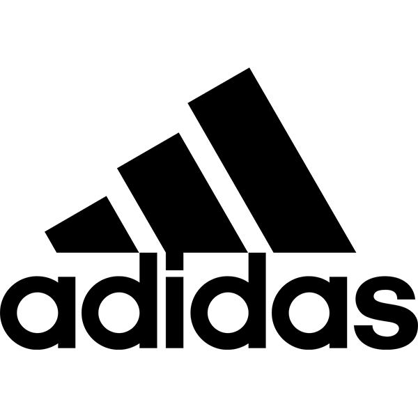 Adidas logo: black three-stripe design angled upwards, with the word