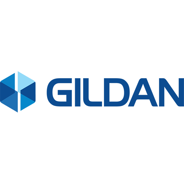Gildan logo: blue hexagon graphic with the word