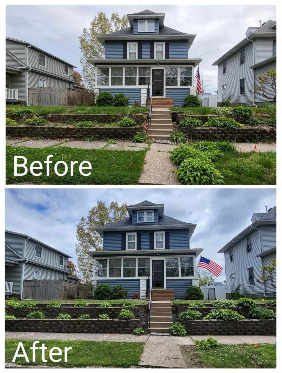 A before and after picture of a house with a flag in front of it.