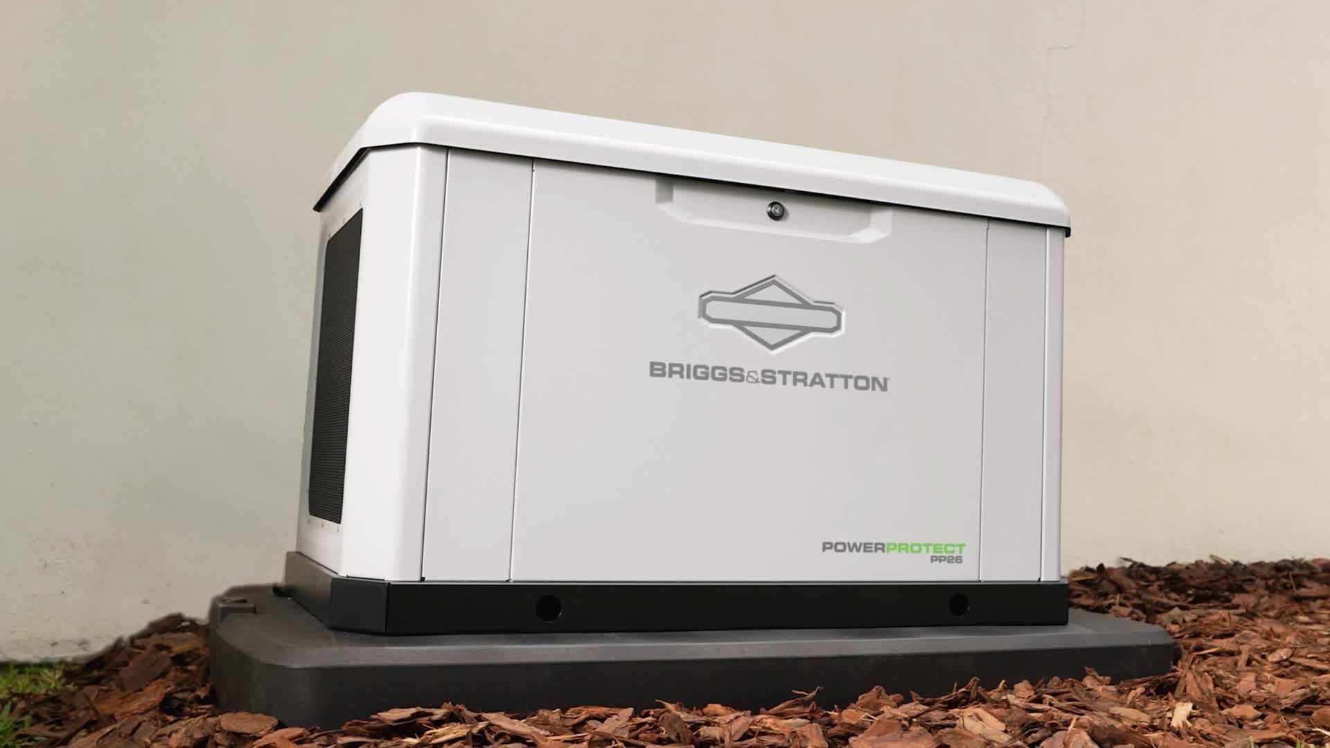 A white Briggs & Stratton home standby generator sits on a black mounting pad in a mulched garden bed.