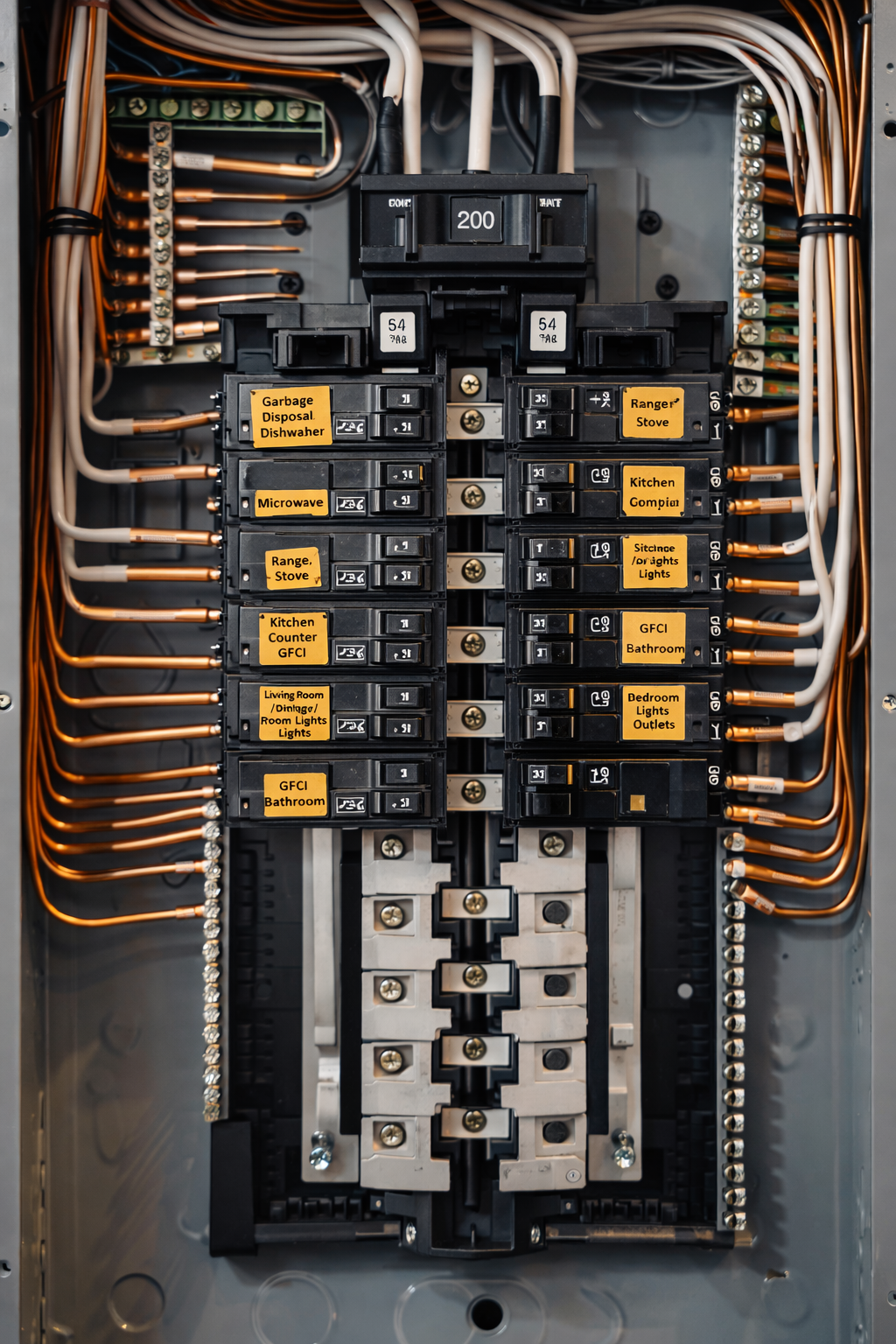 Open electrical service panel with a main 200-amp breaker and multiple branch circuit breakers with wire connections.