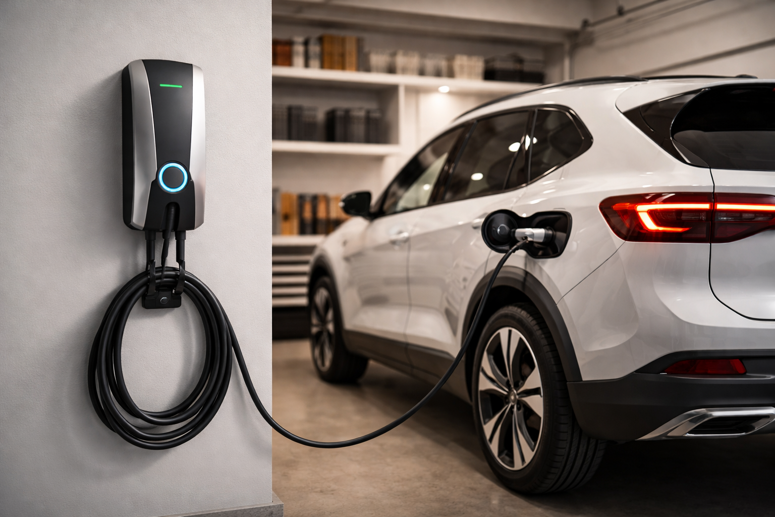 A white electric SUV parked in a garage and plugged into a wall-mounted charging station with a coiled black cable.
