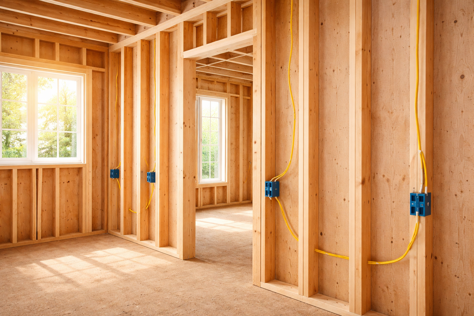 The interior of a wooden house under construction, showing wall studs, framed doorways, and yellow electrical wiring.