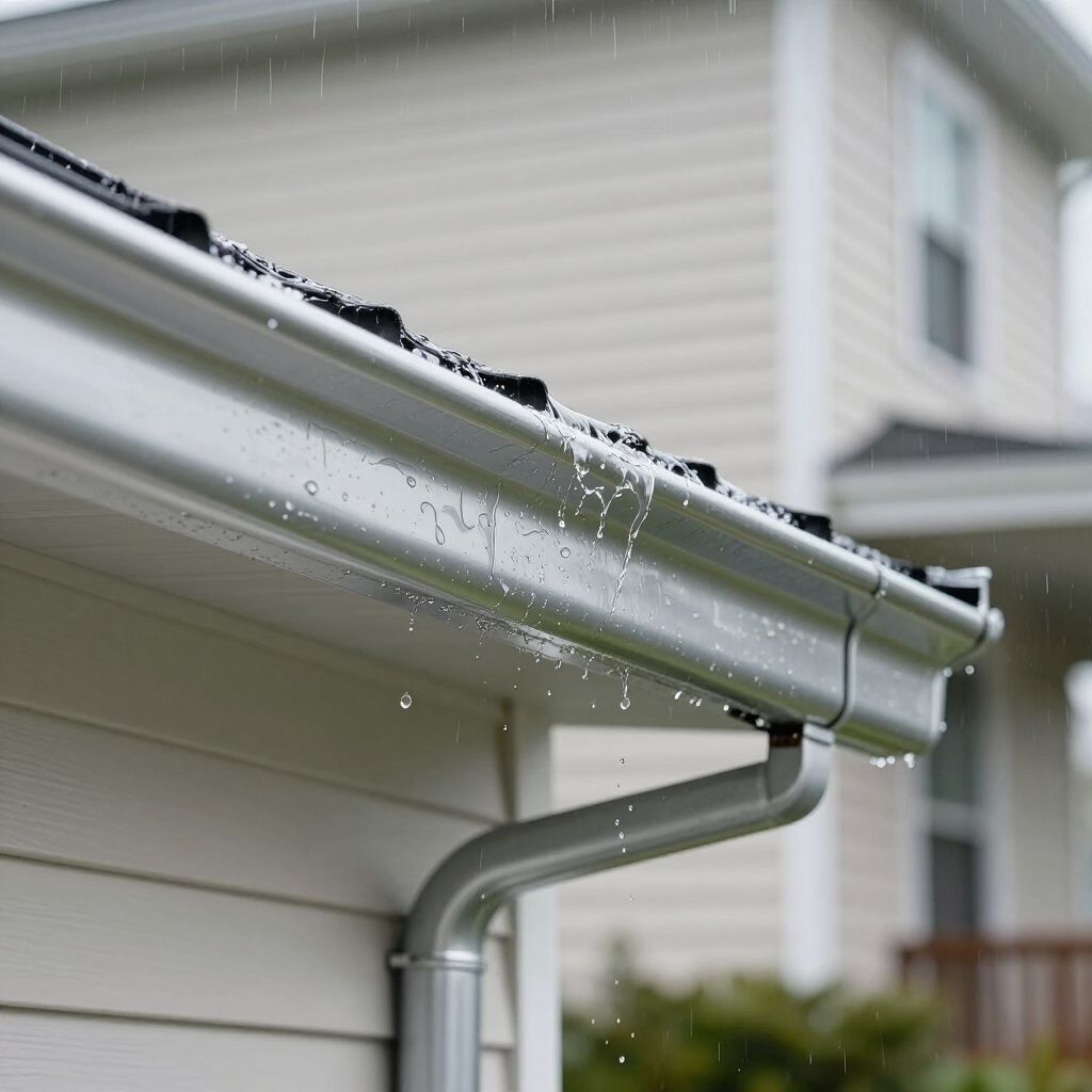 Rainwater pouring from a silver gutter on a beige house.