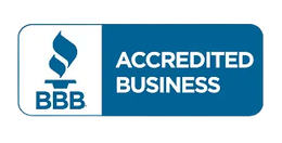 BBB Accredited Business logo, blue and white. Torch with flames and 