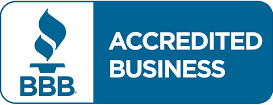 BBB Accredited Business logo, blue and white. Torch with flames and 