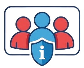 Three people, one blue, two red, with a shield icon.