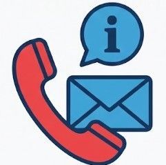 Red telephone, blue envelope, and speech bubble with an 