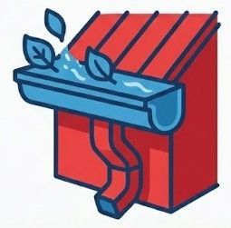 Red house with blue gutter overflowing with water and leaves.