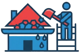 Red building being constructed by a blue crane, lifting a blue roof.